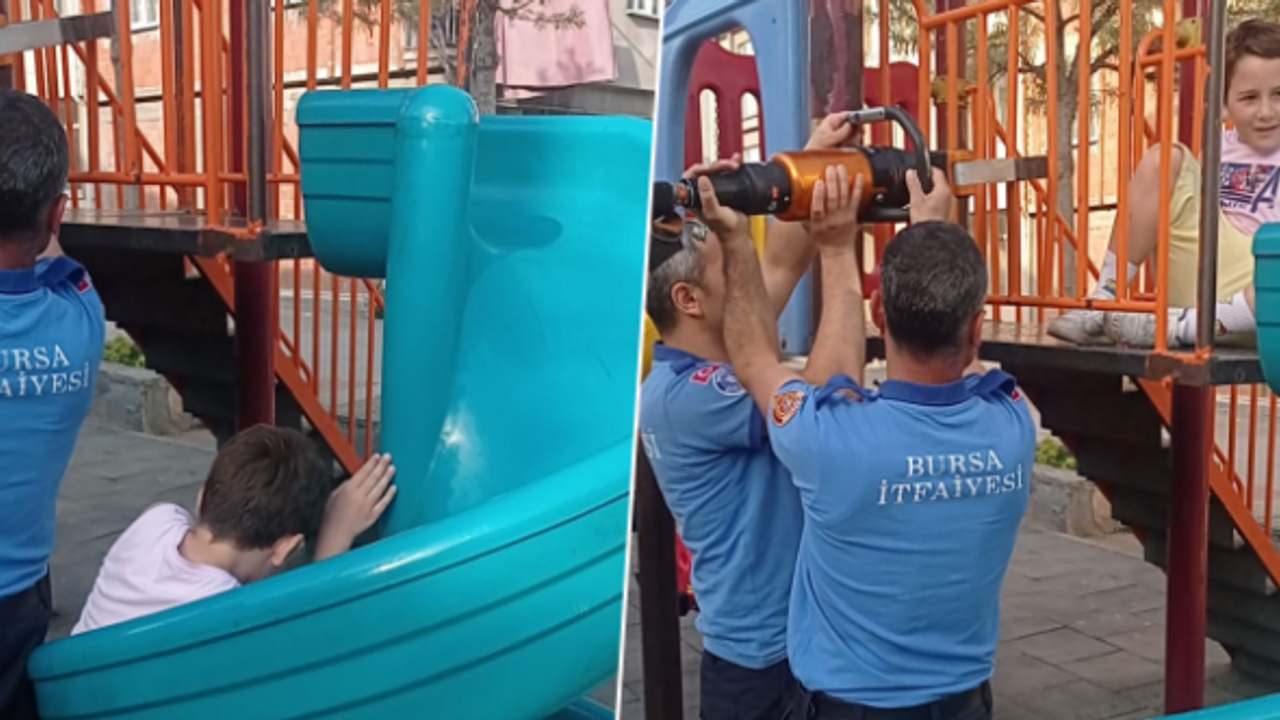 BURSA'DA KAYDIRAĞA SIKIŞAN ÇOCUĞU İTFAİYE EKİPLERİ KURTARDI