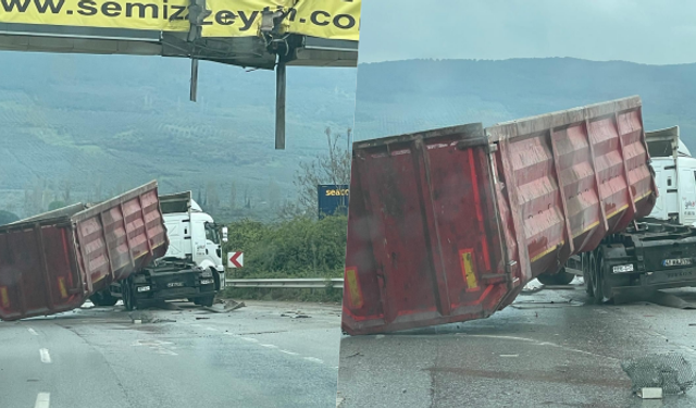 Damperi açılan tır üst geçide çarptı