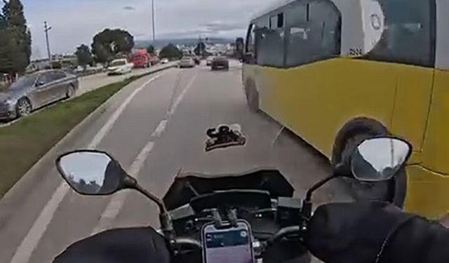 Bursa Nilüfer’de motosiklet sürücüsü otobüsün ani hamlesiyle kaza tehlikesi atlattı