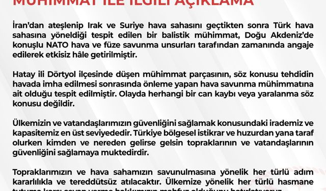 Türkiye’ye Yönelen Füze Tehdidi Havada Yok Edildi