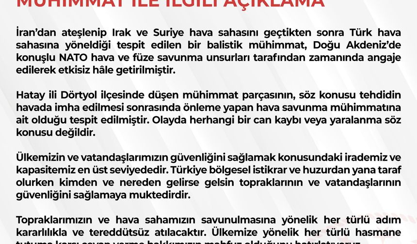 Türkiye’ye Yönelen Füze Tehdidi Havada Yok Edildi